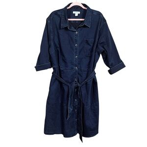 Liz Claiborne Dark Blue Button Front Self Tie Stretch Denim Dress Size 20W